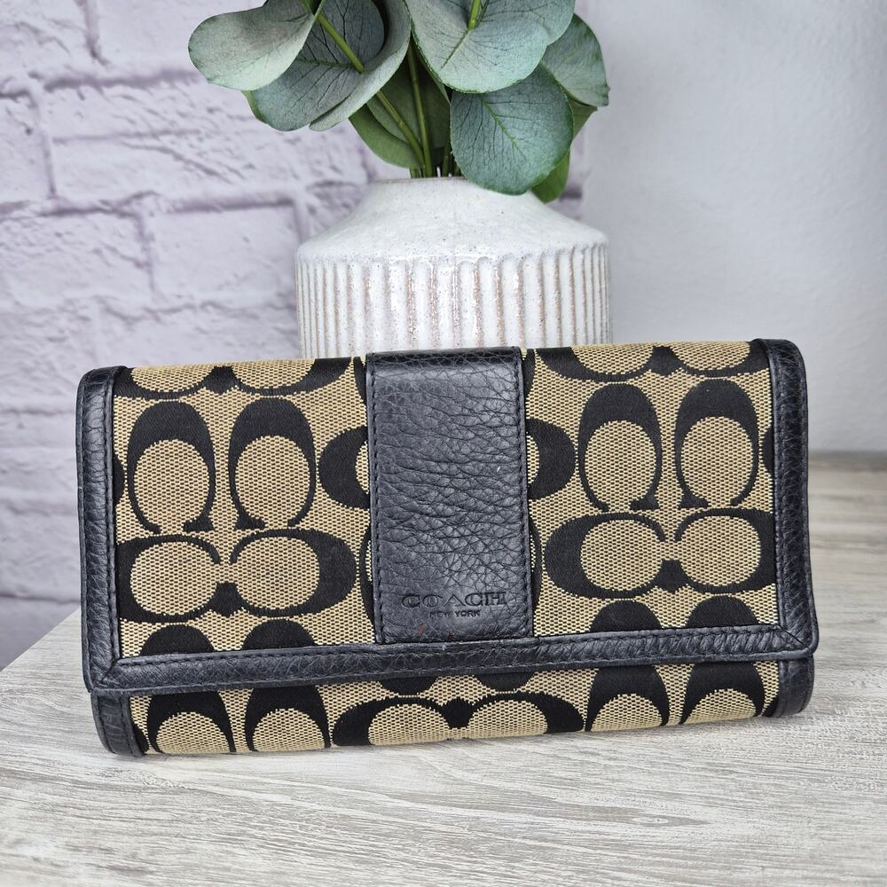 Coach Signature Jacquard Trifold Wallet Black Beige Canvas Leather Checkbook Y2K